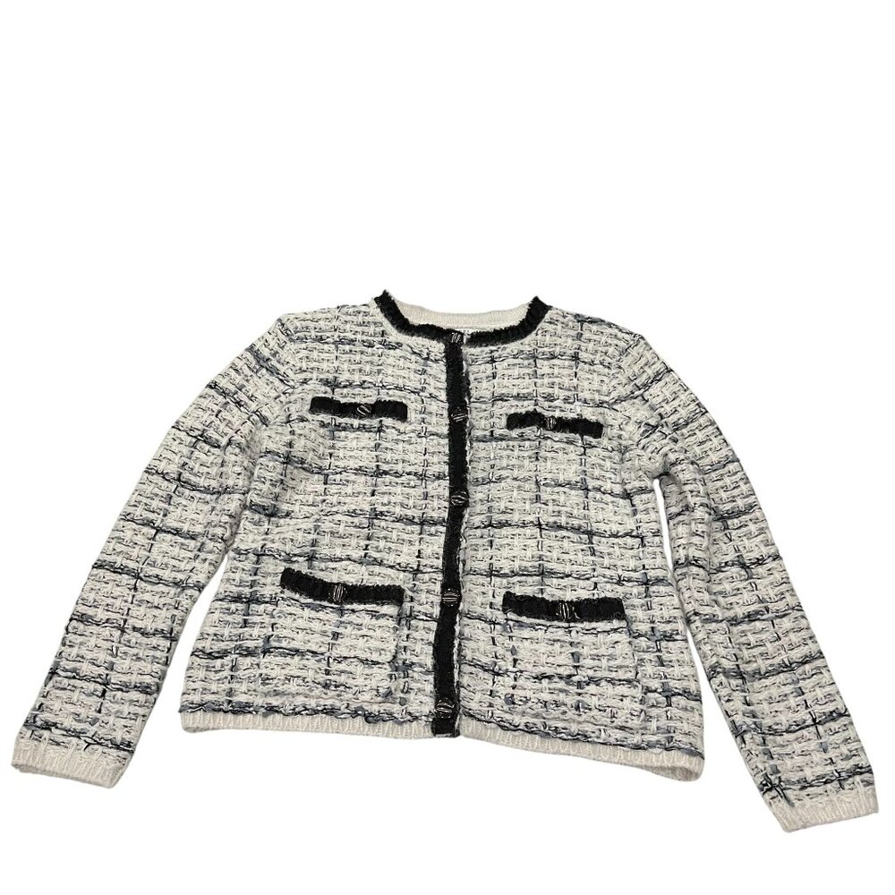 Sioni Textured Button Cardigan Jacket, Cream Black Gray, M